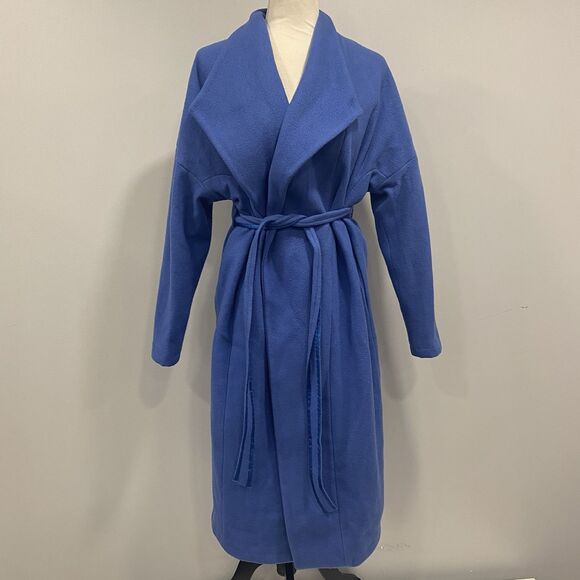 EUROPEAN CULTURE S Cornflower Blue Long Wool Belted Lined Robe Overcoat Italy - Picture 1 of 16